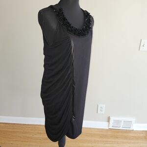 JULIENNE W Elegant Black Sleeveless Dress with Beaded Neckline and ruched Insert